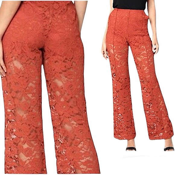 Bebe Lace Pants Wide Leg Trousers Red 2 High Rise Lined Pleated Sexy Boho Party - Picture 1 of 16